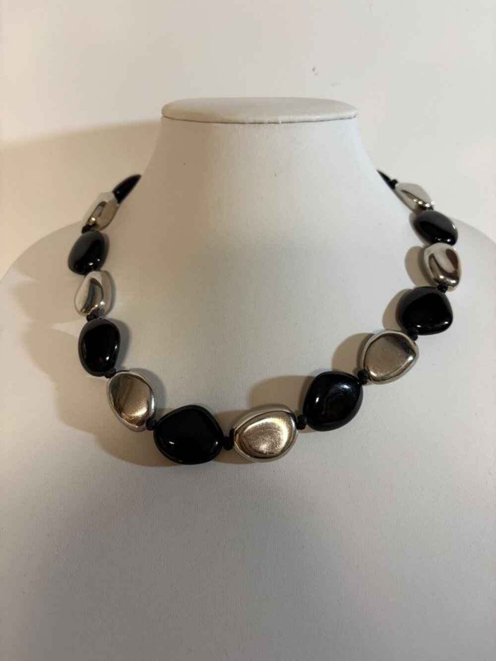 Cookie Lee Chunky Black Silver Statement Necklace 19-21 Inches Adjustable Chain